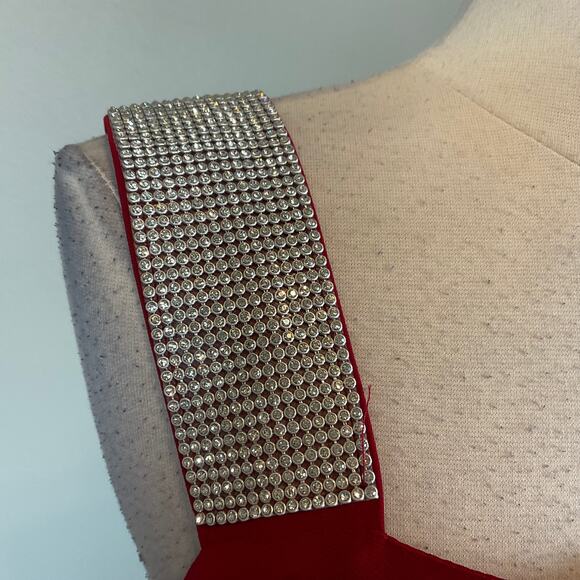 Red Beaded One Shoulder Shift Cocktail Dress Size 14W R&M Richards Draped Mini - Picture 8 of 12